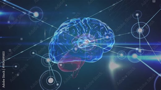 3D brain model rotating while central hub emitting rings, nodes and beams, showing tech data flow