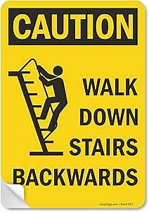 SmartSign 10 x 7 inch "Caution - Walk Down Stairs Backwards OSHA Sticker Label, 3 mil Laminated Adhesive Polyester, Black and Yellow, Made in USA