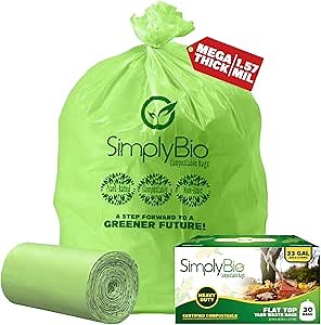 Simply Bio 30-33 Gallon Compostable Trash Bags Liners Flat-Top, Heavy Duty Extra Thick 1.57 Mil, 124.92 Liter, 30 Bags, Lawn, Yard, and Restaurant Use, ASTM D6400, US BPI, OK Compost Home Certified