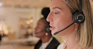 Call center, night or face of woman consultant talking or networking online in telecom sales office. Tech support, late or female agent in communication or conversation at customer services on mic