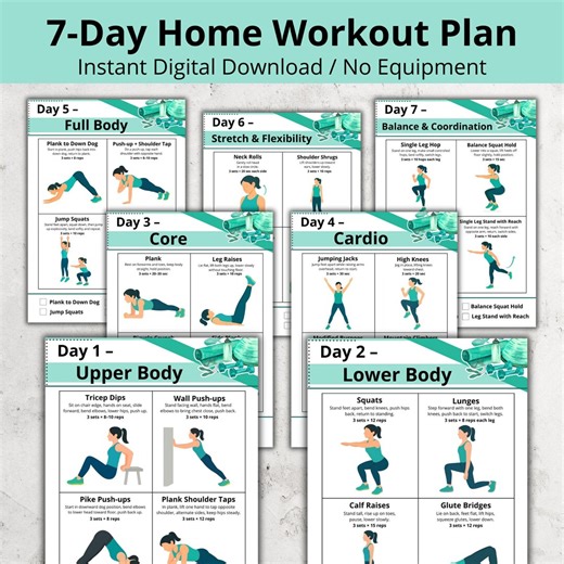 7-day Home Workout Plan for Women – Printable Exercise Chart, Full Body   Core & Stretching Routine, No Equipment Weekly Workout PDF - Etsy