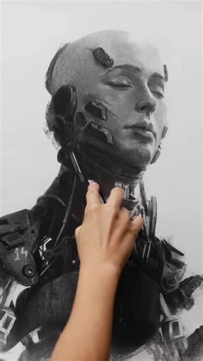 Graphite Drawing Art Gallery on Instagram: "This stunning pencil drawing of a humanoid masterfully bridges the gap between humanity and technology. The intricate detailing in the robotic components contrasts beautifully with the serene and organic expression of the subject. The meticulous rendering of textures, from the metallic sheen of the mechanical parts to the softness of the human features, creates a striking visual narrative. This piece challenges the viewer to reflect on the merging of a