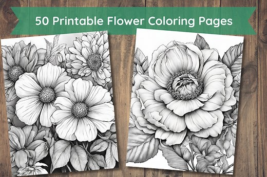 50 Printable Flower Coloring Pages, Coloring Book, Adults   Kids, Grayscale Coloring, Instant Download, Printable, 8.5x11", PDF - Etsy