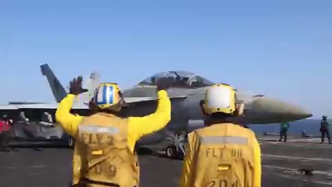 U.S. Navy F/A-18 Super Hornets launch from USS Abraham Lincoln (CVN 72). Lincoln is one of two aircraft carriers enforcing the blockade on Iranian ports while also supporting Project Freedom.