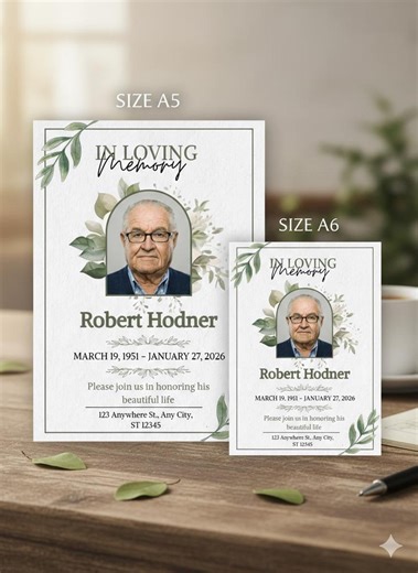 Funeral Invitation Template, Memorial Card, Editable With Photo and Floral Design, Canva Personalized E-invitation - Etsy