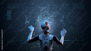 sci-fi woman robot , large holographic interface study and search for extraterrestrial life of galactic scales animation of the digital world of the future of neural networks and the artificial intel