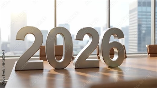 Silver 2026 Numbers on Conference Table with City View
