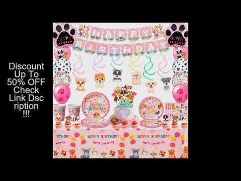 Puppy Birthday Decorations,99pcs Decorations&Pink Dog Tableware Set- Plates Cups Napkins&Birthday Ba