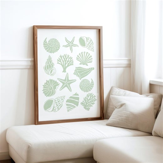 Sage Green Seashells Print: Trendy Green Coastal Wall Art (instant Digital Download) - Etsy