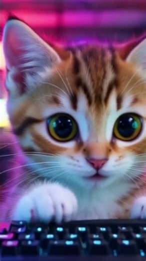 A pixel-art kitten hacker taps code on a retro terminal in a neon-den.