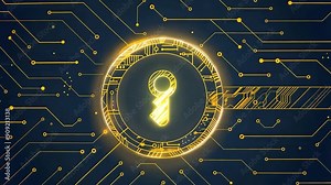 Abstract illustrations depicting digital security and blockchain technology with interconnected circuits, keys, and cryptocurrency symbols.