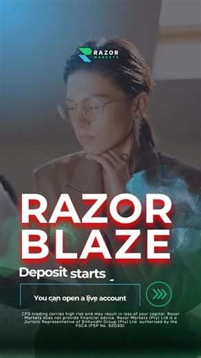 ✨ Meet Razor Blaze 📌 MT5 live CFD trading account 💸 Deposit from R100 🎯 200% margin-only bonus may be available (T&Cs apply) 💱 USD or ZAR base currencies ⚡ Instant withdrawals ⚠️ Trading leveraged CFDs involves high risk and can lead to rapid losses 📘 Always understand the risks and read all account terms before trading 🛡️ Regulated by the FSCA #RazorBlaze #ForexZA #TradeSmartZA #CFDTrading #FSCARegulated #MT5Trading | Razor Markets South Africa