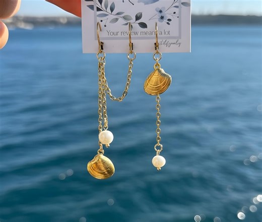 Ocean Shell Double Piercing Earrings • Pearl Chain Dangle Earring Set for Two Holes, Gold Stainless Steel Beach Jewelry - Etsy