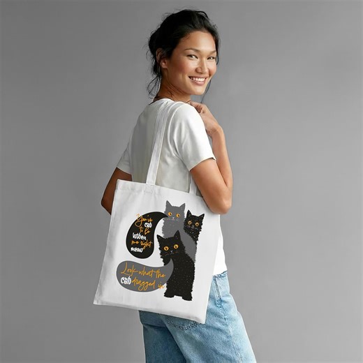 White Cat Cotton Tote Bag, Kawaii Cat Bag, "look What the Cat Dragged In" , Funny Cat Tote - Etsy