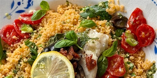 Easy Mediterranean Fish Parcels with Tomato & Basil Couscous and Pesto drizzle