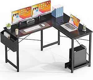 L Shaped Gaming Desk, Corner Desks with CPU Stand Side Bag for Home Office Dorm Sturdy Black