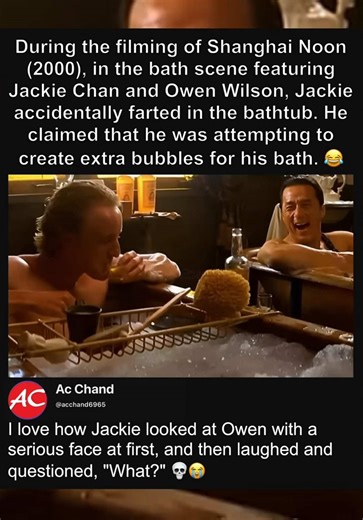 During the bath scene featuring Jackie Chan and Owen Wilson, Jackie accidentally farted in the bathtub. He claimed that he was attempting to create extra bubbles… #trending #clip