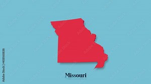 3d animated map showing the state of Missouri from the United State of America isolated on blue background. 3d Missouri state. USA. Text or labels Missouri with silhouette Stock Video