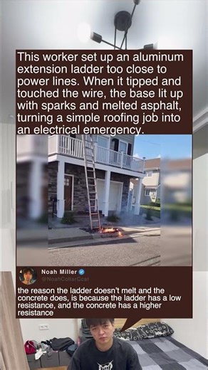 This worker set up an aluminum extension ladder too close