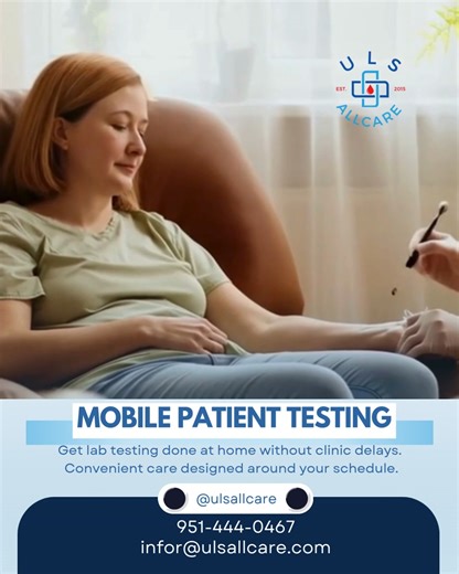 Mobile patient testing brings quality lab services directly to you. Skip long clinic waits and enjoy convenient testing at home, designed to fit your schedule without compromising care. Healthcare should be accessible and stress free. 𝐔𝐧𝐢𝐭𝐞𝐝 𝐋𝐚𝐛 𝐒𝐞𝐫𝐯𝐢𝐜𝐞𝐬, 𝐈𝐧𝐜. (𝐔𝐋𝐒) 💙 Making a difference in the smallest of ways. 📱 951 444 0467 📧 info@ulsallcare.com 🌐 ulsallcare.com #ULS #ULSAllCareHealthServices #UnitedHealthServices #mobilehealthcare #mobilehealth #healthcare #mobiles