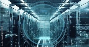 Animation of cyber security text banner and biometric fingerprint scanner against server room