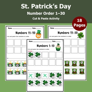 St. Patrick’s Day Number Order 1–30 | Cut & Paste Worksheets