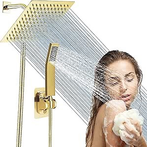 8"High Pressure Square Rain Shower Head and 2-in-1 Hand Shower.Equipped with 78"Hose, 3 Way Diverter Valve,Adhesive Shower Head Holder.(AWAXFOLO Square Shower Head Set gold)