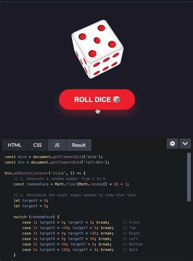 3D Dice Roller with ZERO Libraries! 🎲✨ build a perfect spinning cube using pure CSS JS math! #shorts