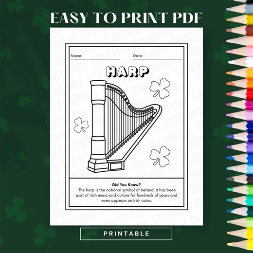 St Patrick's Day Harp Coloring Page (instant Download) – Irish History Activity - Etsy