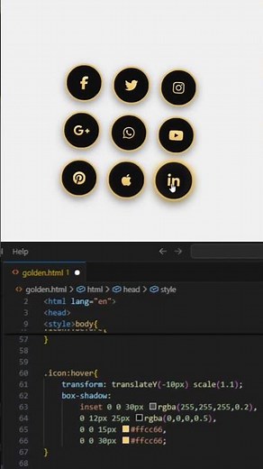 🌐Social Media Icons with Hover Golden Effect HTML & CSS#webdevelopment#coding#hovereffects#shorts