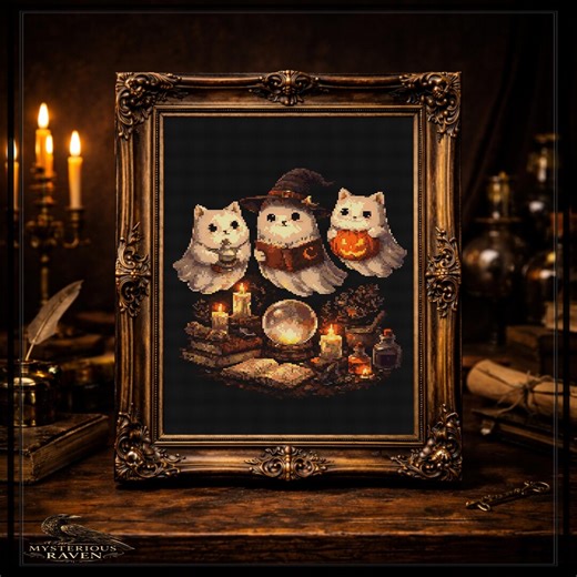 Witch Cat Ghost Cross Stitch Pattern, Halloween Bookish Decor (PDF Download) - Etsy