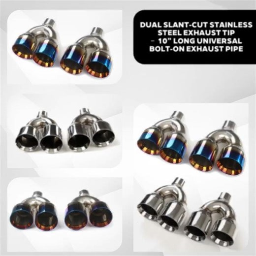 Dual Slant-Cut Stainless Steel Exhaust Tip – 10" Long Universal Bolt-On Exhaust Pipe