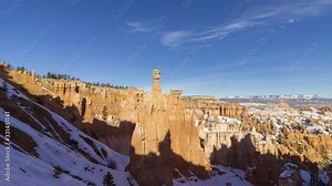 Thors Hammer in Bryce Canyon. Snow. Utah, USA. Motion Panning Time Lapse