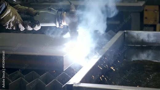 Mild steel laser cutting process in factory with sparks or steel laser cutter cutting sheet metal during fabrication sparks