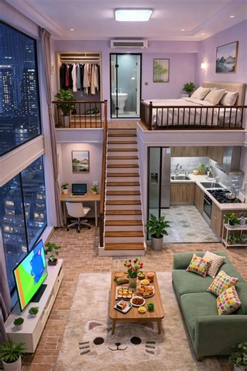 Cozy Modern Loft Living: A stylish two-level loft apartment with a compact kitchen, elevated bedroom, home office nook, and warm contemporary decor overlooking a city skyline at night. #loftapartment #moderninterior #cozyhome #smallspace #duplexliving