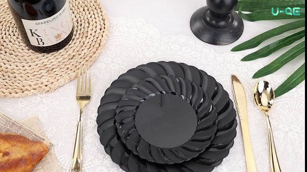 U-QE 100PCS Black Plastic Plates, Heavy Duty Black Disposable Plates Including 50PCS 9inch Dinner Plates & 50PCS 6.5inch Dessert Plates -Hard Plastic Plates for Party Wedding Bridal Shower