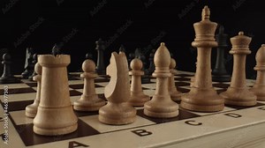 Macro shot of classic version of the chessboard, designed for playing traditional chess. Rows of cell numbering symbols are applied around the perimeter of the board. High quality. 4k footage.