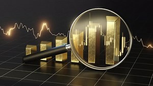 Golden Financial Bar Graph Analysis with Magnifying Glass
