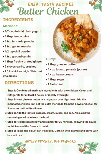 🍛 The BEST Butter Chicken – Incredibly Creamy & Authentic-Tasting! Experience the magic of restaurant-style butter chicken at home! This recipe uses a secret marinade and a simple, simmered sauce to create a dish that’s rich, creamy, and packed with flavor. It’s easier than you think and so rewarding! #ButterChicken #IndianFood #CurryRecipe #ComfortFood #EasyDinner #CrowdPleaser | Tiny Kitchen, Big Flavors