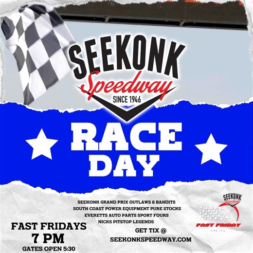 Its Race Day!🏁 🌟 Fast Fridays: Racing Under the Lights! 🌟 Feel the excitement every Friday night as Seekonk’s future stars hit the track! See Pure Stocks, Sport Fours, Legends, and Bandoleros under the lights for an unforgettable family-friendly experience. ⏰ Gates Open: 6 PM | Racing Starts: 7 PM 🎟️ Tickets: Adults $12 (Presale) | $15 (At Gate) Kids: FREE! 🅿️ FREE Parking Always! Catch the stars of tomorrow at Seekonk Speedway this Friday night! | Seekonk Speedway