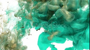 Turquoise and gold ink spreading in water. Use for backgrounds or overlays requiring a flowing and organic look. Amazing video asset for motion graphics projects or VFX composites.