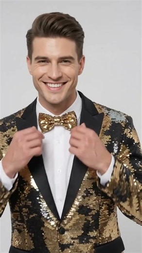 Men’s Big and Tall Black and Gold , Shiny Formal Tuxedo Sport Coat with Matching Bow Tie