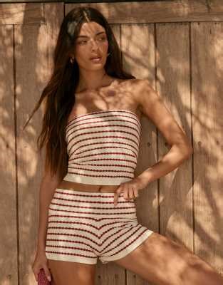 The Frolic Exclusive crochet fold-over bandeau crop top and micro shorts set in white & red stripe | ASOS