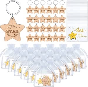 Landical 25 Sets Star Keychain Inspirational Gift Wooden You're a Star Keychains Cards Bags Inspirational Gift for Student