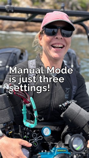 Kate Jonker | Underwater Photography | Photo Coach on Instagram: "📸 Manual mode isn't complicated 👇 It's just 3 settings working together: ISO. Shutter speed. Aperture. Simply put... ISO = your camera's sensitivity to light (low ISO = less sensitive) Shutter Speed = helps freeze motion & give a darker background Aperture = how much is in focus 💙 For a sharp photo with everything in focus, start with low ISO, fast shutter, small aperture. 💙 For a photo with a blurry background, open up your a