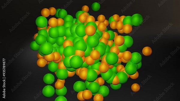 Crystal structure of a molecule such as sodium chloride. Periodic pattern of atoms or molecules. Science, research, molecular model, particles. 3D animation