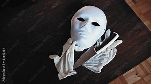 Serial Killer White Face Mask Latex Gloves and Kitchen Knife