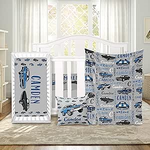 Custom Baby Crib Bedding Set 3 Piece - Personalized Name with Vehicles Design - Soft Chic Blanket, Crib Sheet, Pillowcase for Newborns Boys Girls Nursery Gifts Color01-Cars
