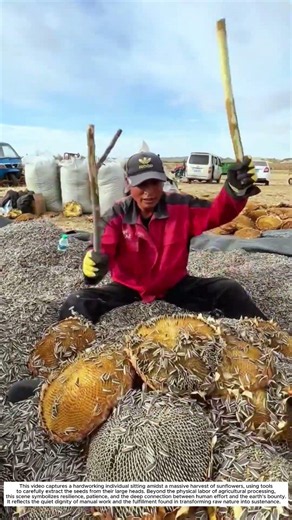 Sunflower Threshing: How Wooden Sticks Transform Massive Flower Heads Into Seeds