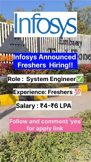 The Job Launchpad on Instagram: "Infosys Biggest Hiring Drive, Direct Hiring Announced ✅️ Role : System engineer✅ Salary : ₹4-₹6 LPA Eligibility: Fresher Experience : Students can Apply Off campus hiring drive [ Off Campus hiring, Latest Jobs, Fresher Hiring, Fresher Jobs, Latest hiring Alert , IT jobs, Technical Jobs, Hiring club] Follow @thejoblaunchpad #fyp #viral #trendingreels #tech #help"